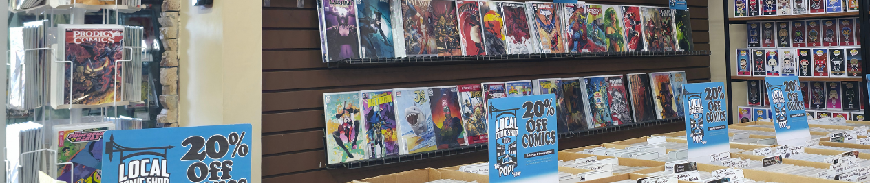 New comics, back issues, Funko Pop figurines, and the occasional special sale.