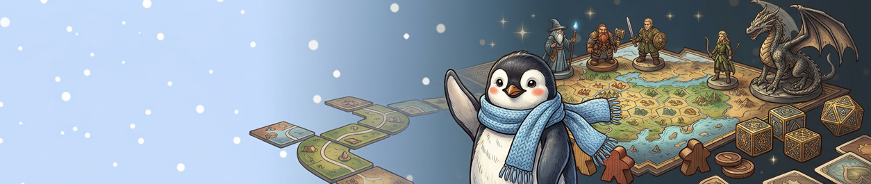 A penguin inviting you to stop into the store to shop the boardgame sale.