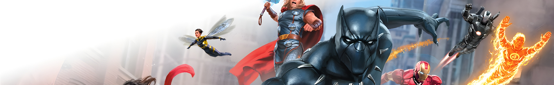 Several Marvel characters including Black Panther posing heroically.