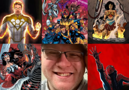 Zane's face is surrounded by examples of his art including Wonder Woman and Spider-Man.