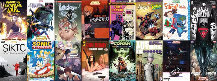 A spread of some of the available comics for the Comics Giveaway Day and Free Comic Book Day event.