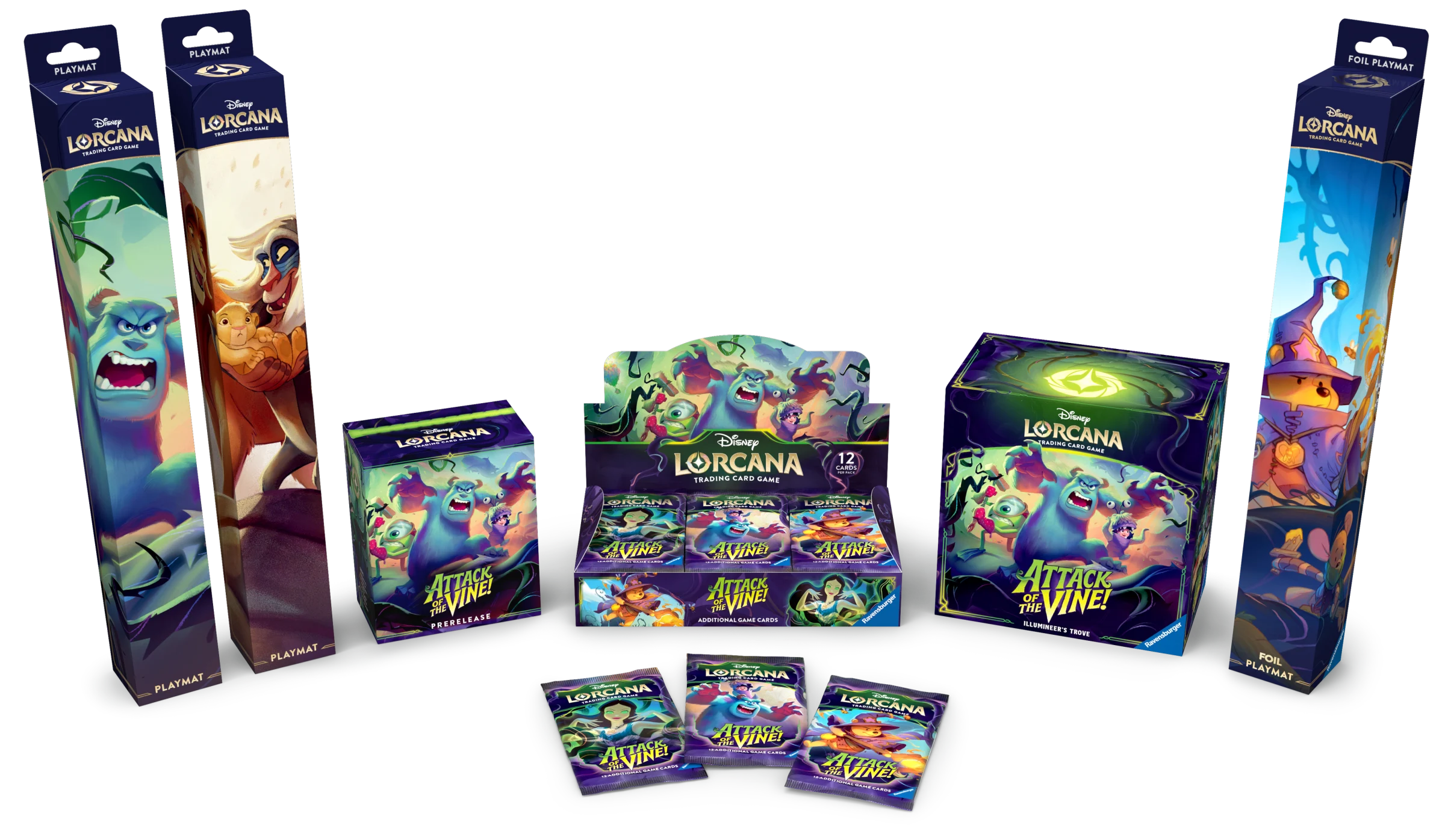 The full product family of Disney Lorcana's Attack of the Vine! set.