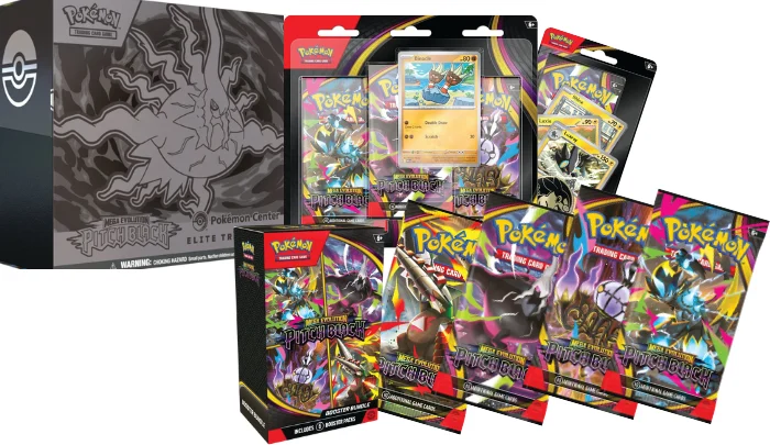 The family of products for the Pokémon TCG Mega Evolution Pitch Black expansion featuring Elite Trainer Boxes, Boosters, and Build & Battle Boxes.