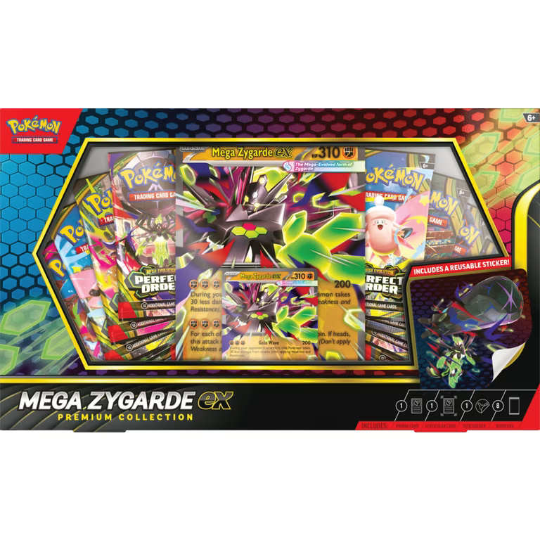 A Pokémon TCG Mega Zygarde ex box display featuring its contents displayed in a window.