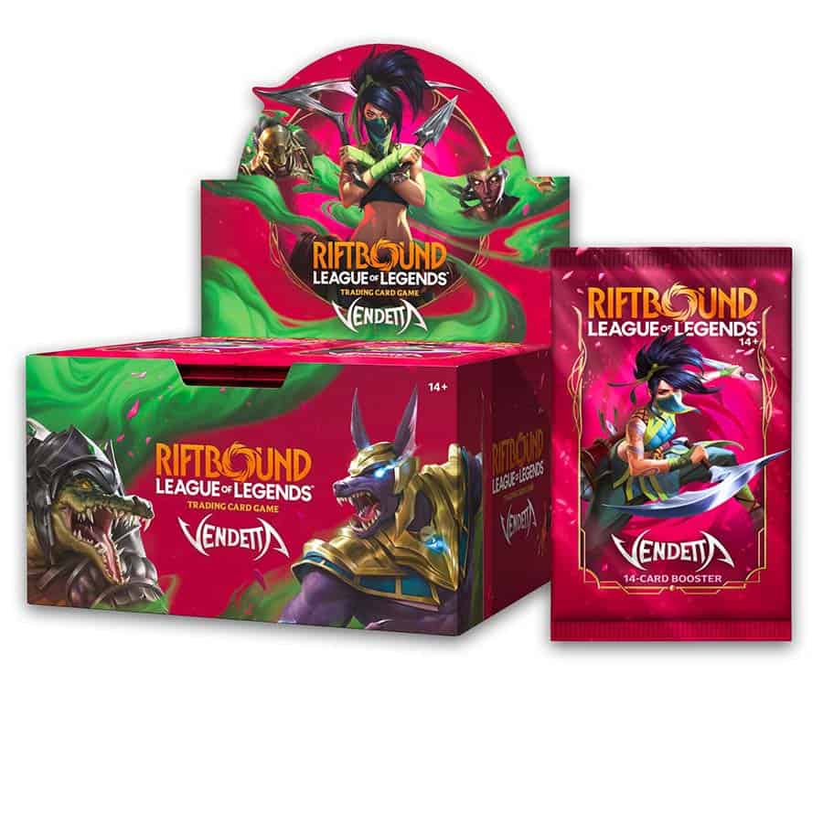 Riftbound TCG Vendetta Set Booster Box display and pack example image.