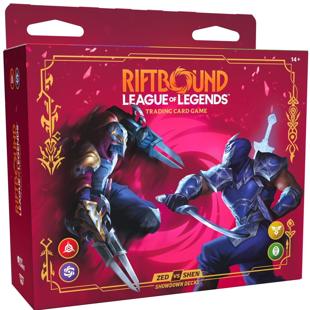 Riftbound TCG Vendetta Set Showdown Deck Zed vs. Shen display.