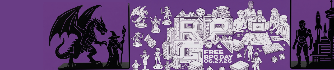 Fantasy and sci-fi bookends support a multi-genre version of the Free RPG Day logo which features dice, minis, and players in a TTRPG.