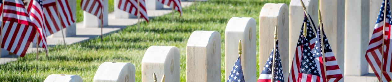 Memorial Day banner with white headstones of soldiers marked with U.S. flags.