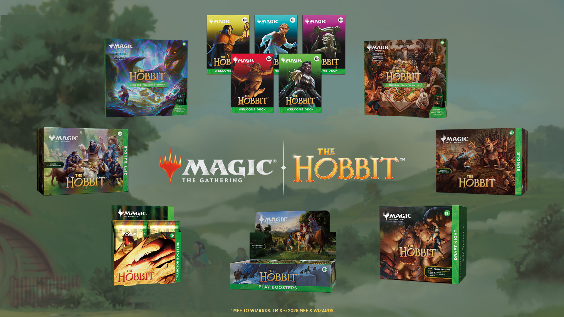 The family of products for the MTG x The Hobbit crossover set featuring booster boxes, Commander decks, and more.