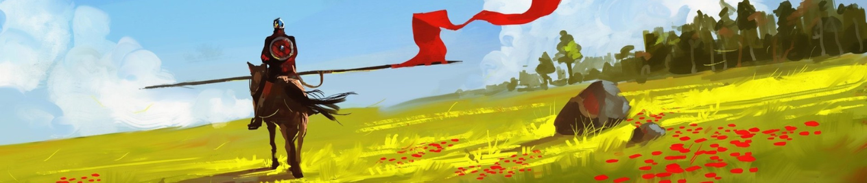 Fantasy scene of a knight on horseback with a large red banner traveling by a forest.