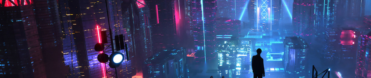 Cyberpunk scene where the silhouette of an edgerunner overlooks a bustling, neon-soaked city below.