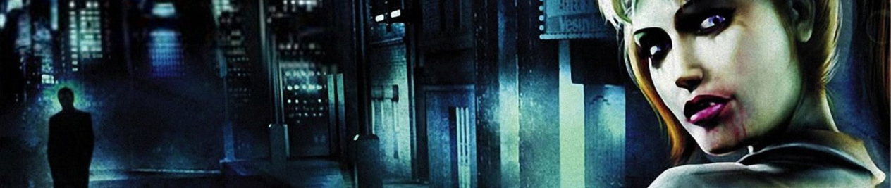 A female vampire lurks in an alley, checking to see if anyone will notice her feeding from a silhouette in front of her.