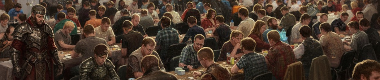 Magic: The Gathering players at a convention given a filter to make them appear as fantasy RPG characters.