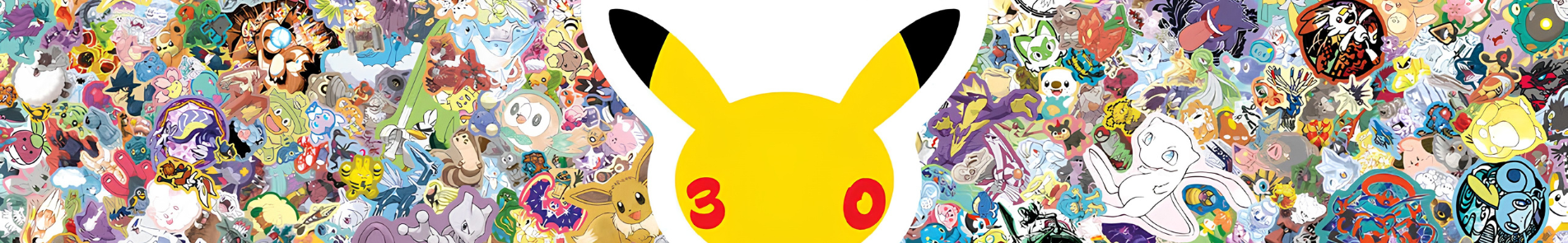 The Pokémon 30th Celebration logo featuring a Pikachu is surrounded by hundreds of other Pokémon.