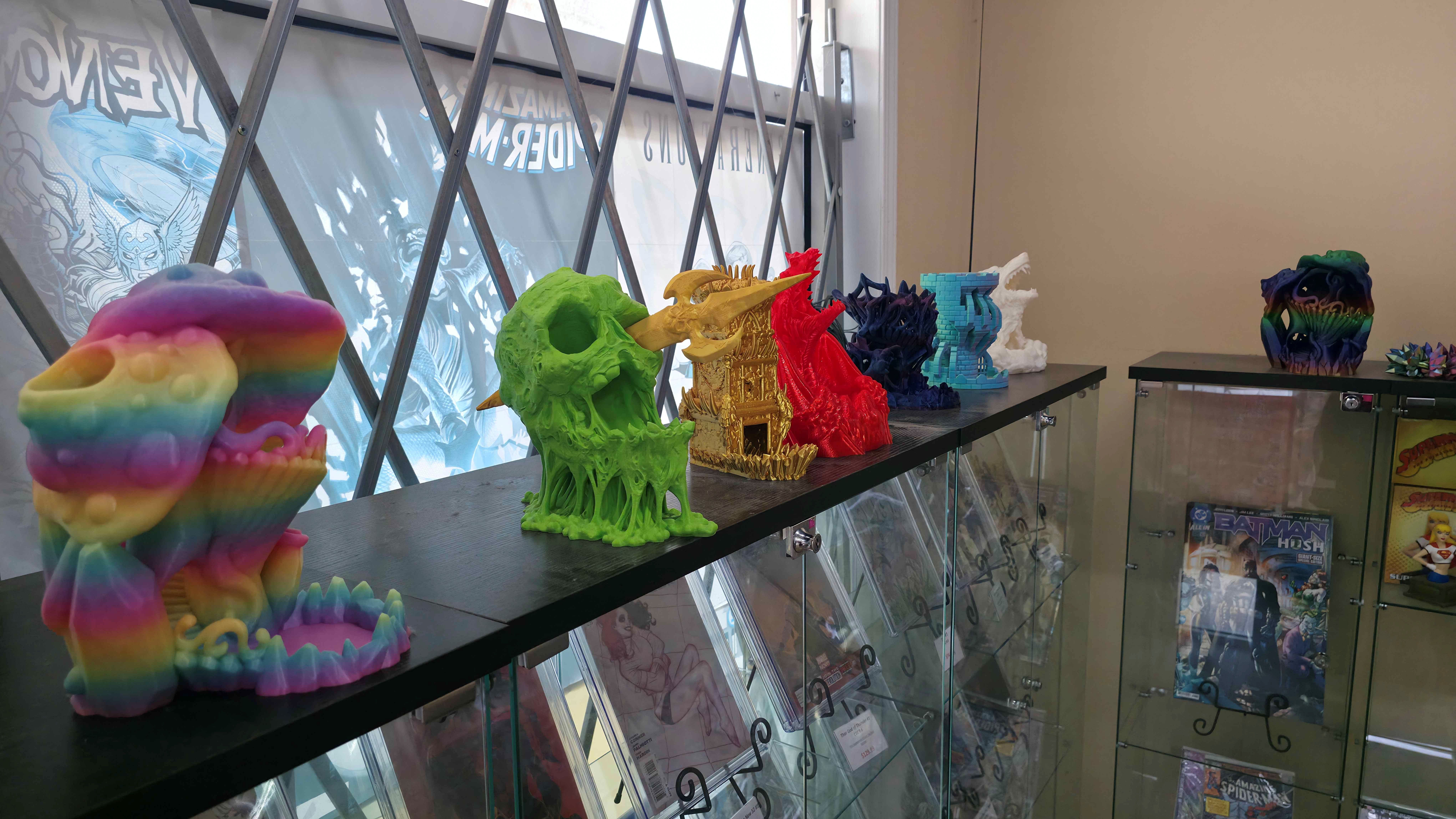 A selection of dice towers that can be found at The POP! Shop in Sandusky, Ohio.