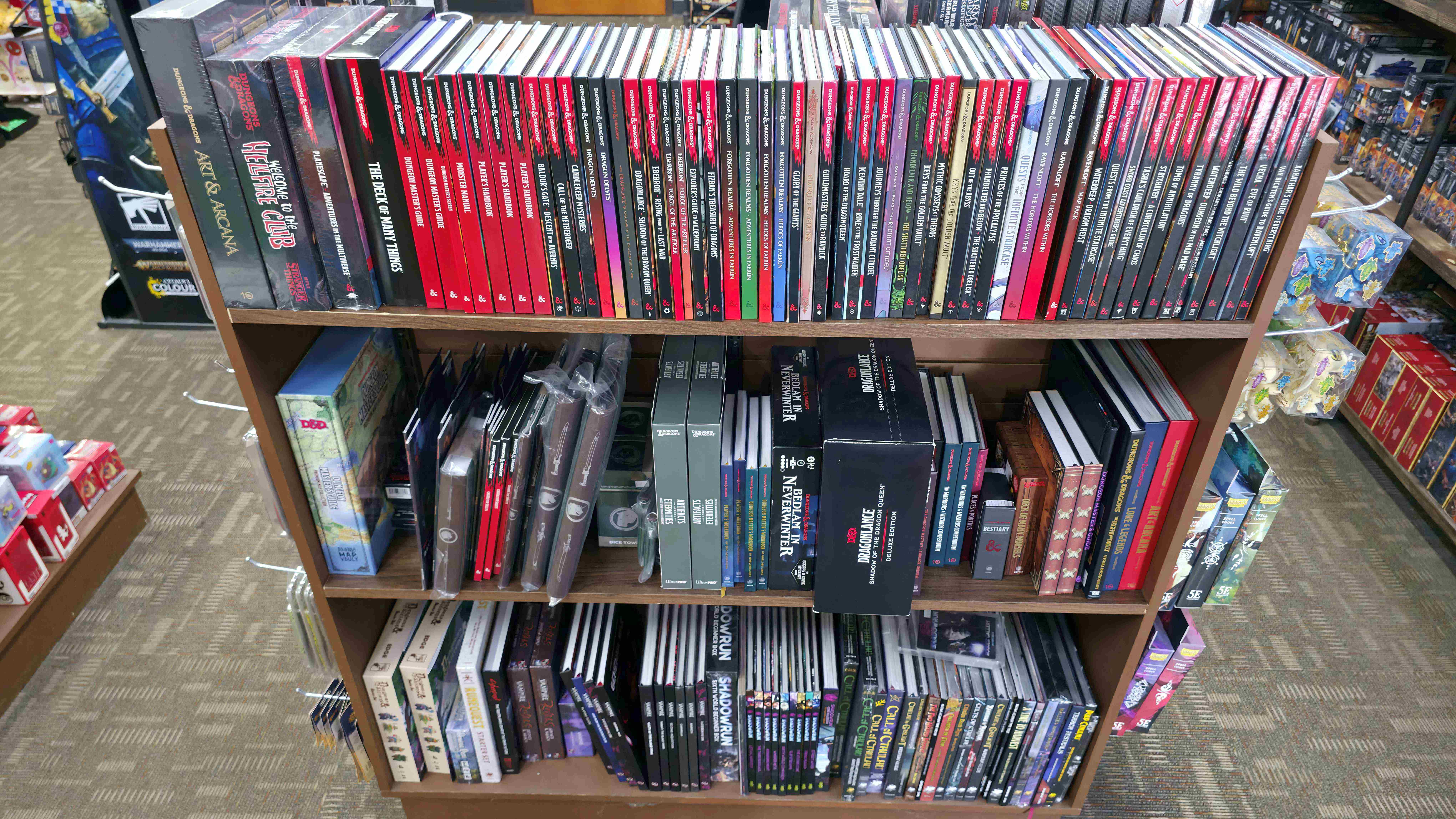 D&D books and other TTRPG products found at The POP! Shop in Sandusky, Ohio.