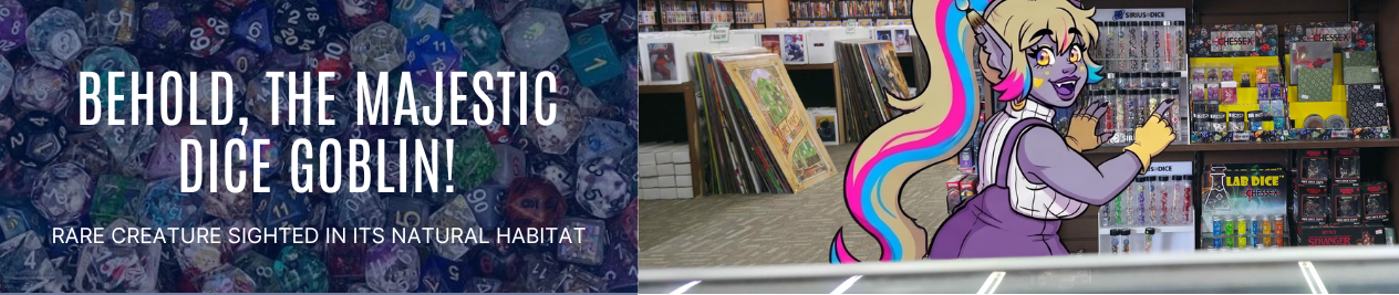 A gray female goblin stands in front of a display of various dice and TTRPG accessories inside The POP! Shop in Sandusky, Ohio.